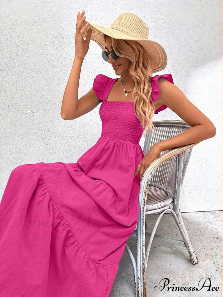 Pink Ruffled Straps Smocked Dress S / Green