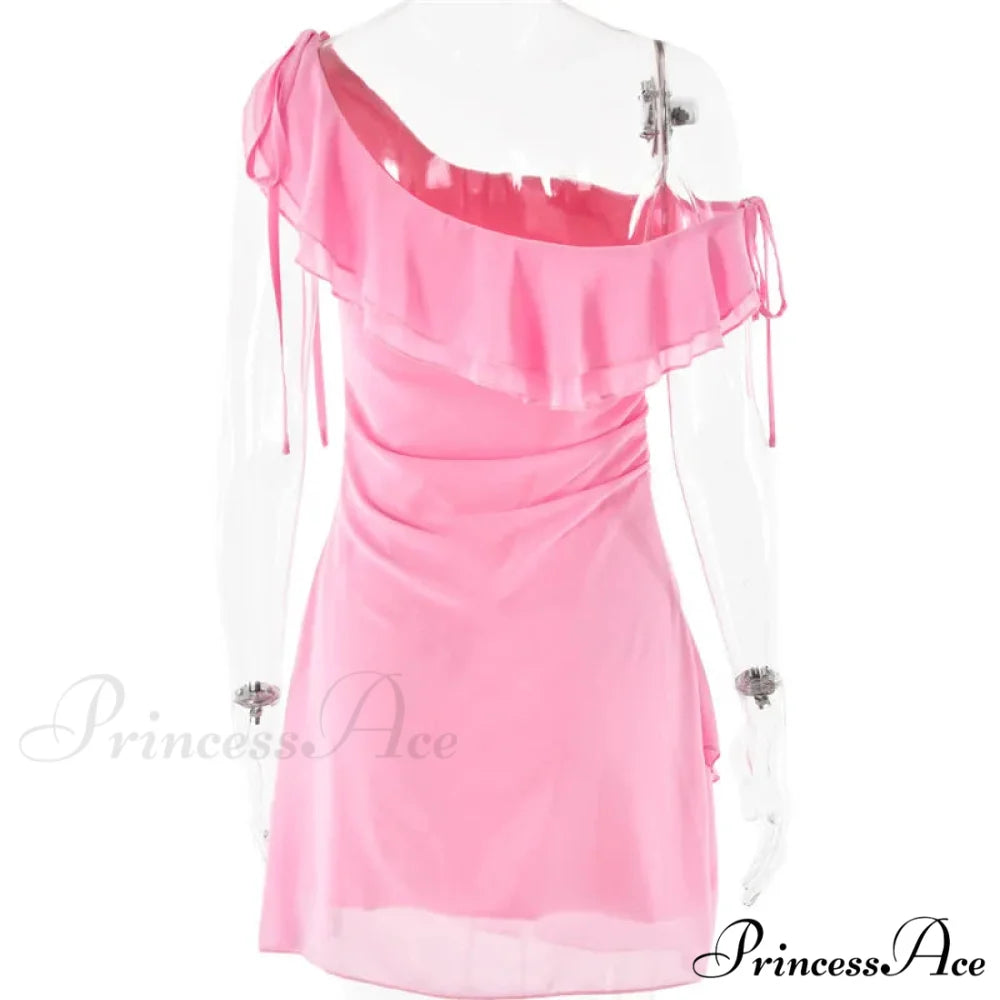Pink Ruffled Stylish Shoulder Mini Dress