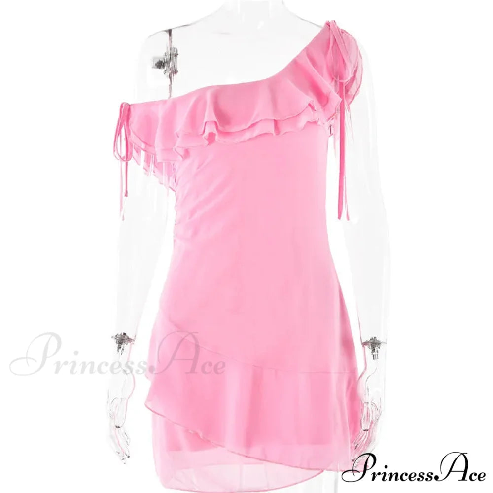 Pink Ruffled Stylish Shoulder Mini Dress