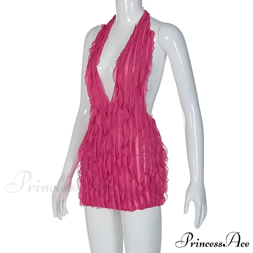 Pink Ruffles Deep Charming V-neck Mini Dress