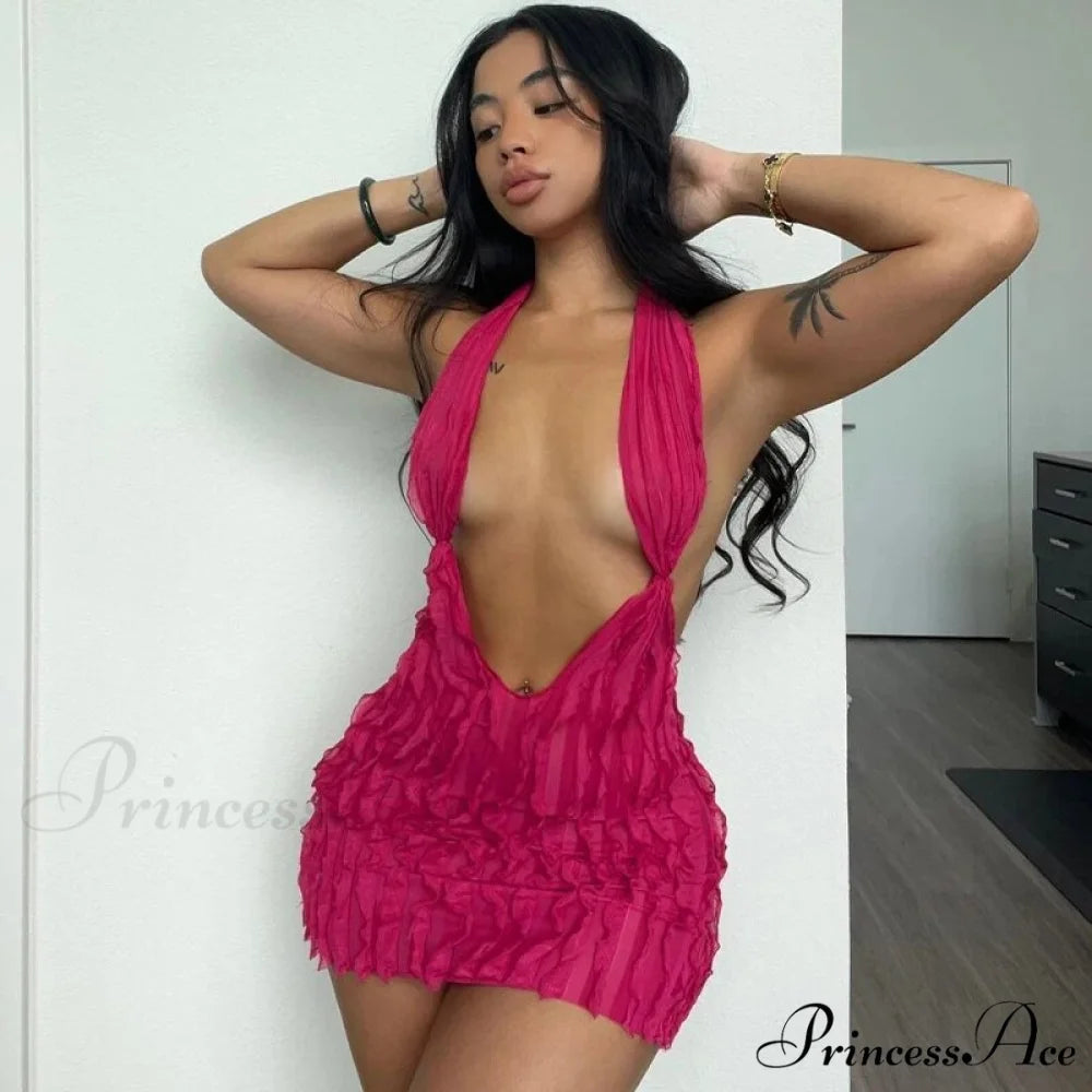 Pink Ruffles Deep Charming V-neck Mini Dress
