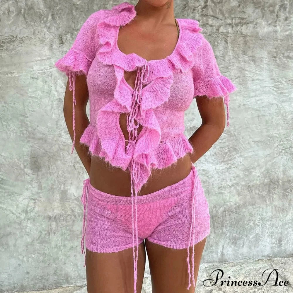 Pink Ruffles Sheer Charming Top And Shorts Set Pink / S