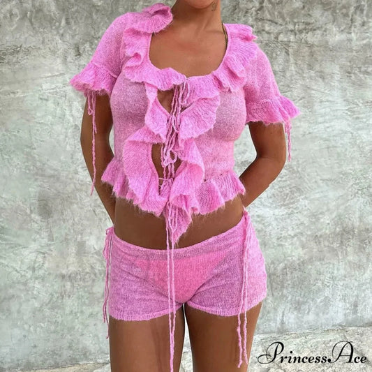 Pink Ruffles Sheer Charming Top And Shorts Set Pink / S