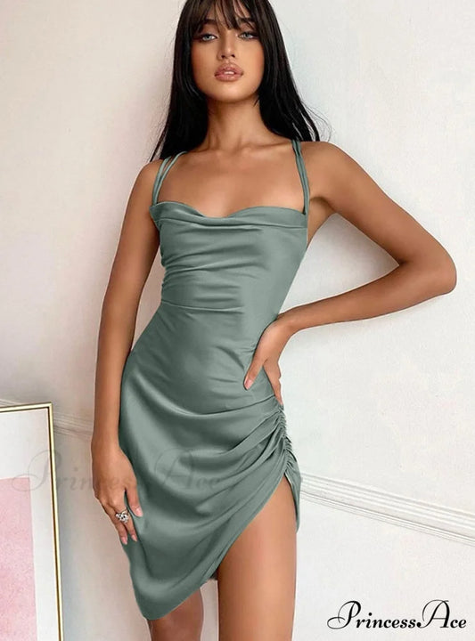 Pink Satin Bodycon Sling Slit Dress for Women S / Pink