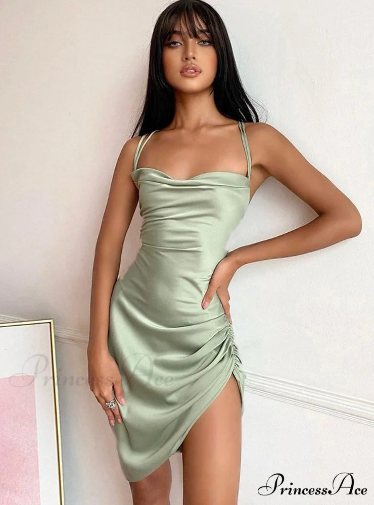 Pink Satin Bodycon Sling Slit Dress for Women S / Green