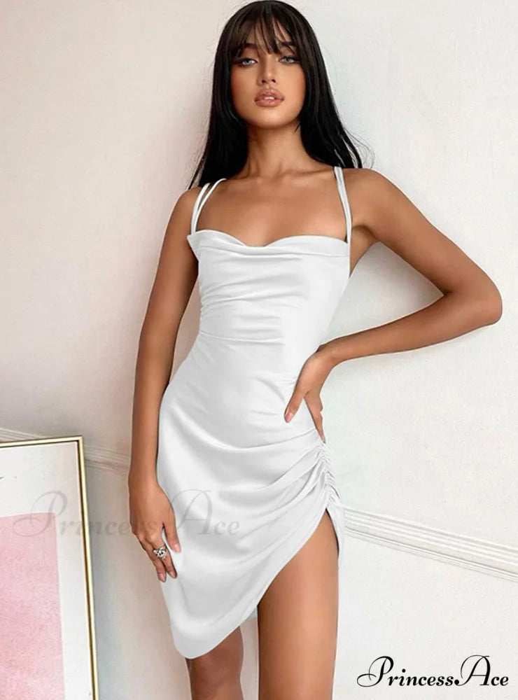 Pink Satin Bodycon Sling Slit Dress for Women S / Red