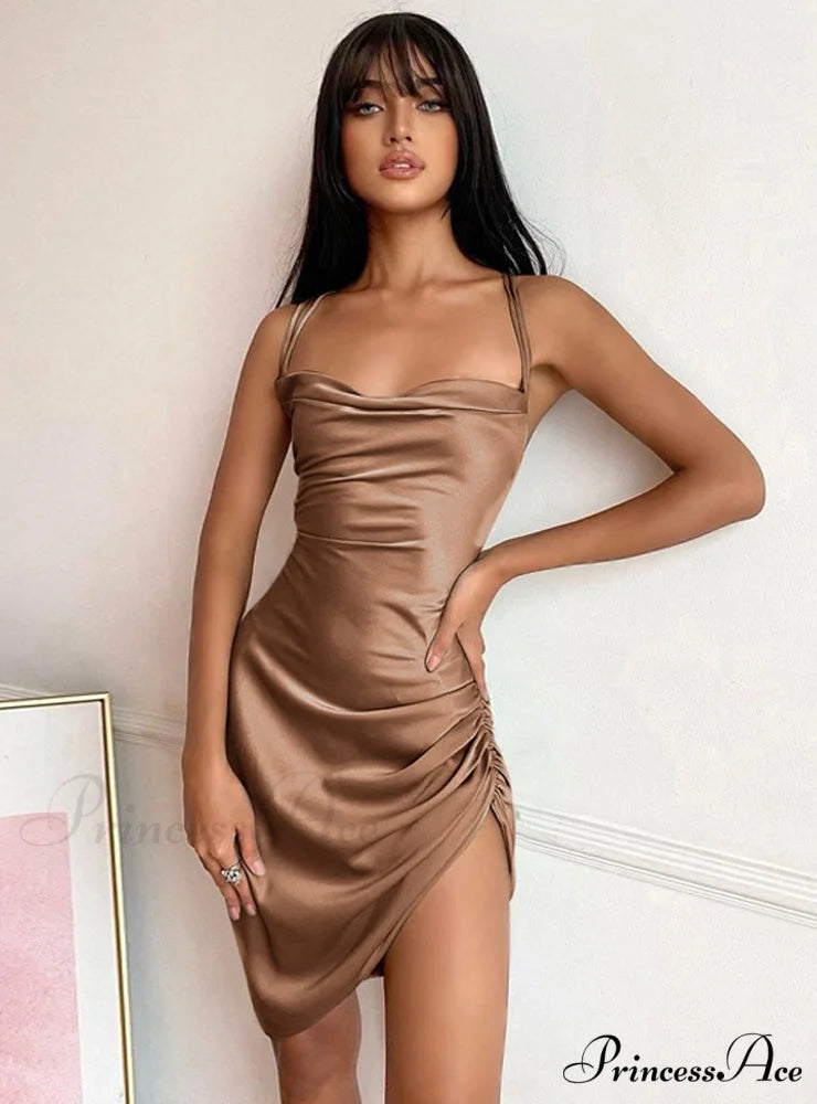 Pink Satin Bodycon Sling Slit Dress for Women S / Sky Blue