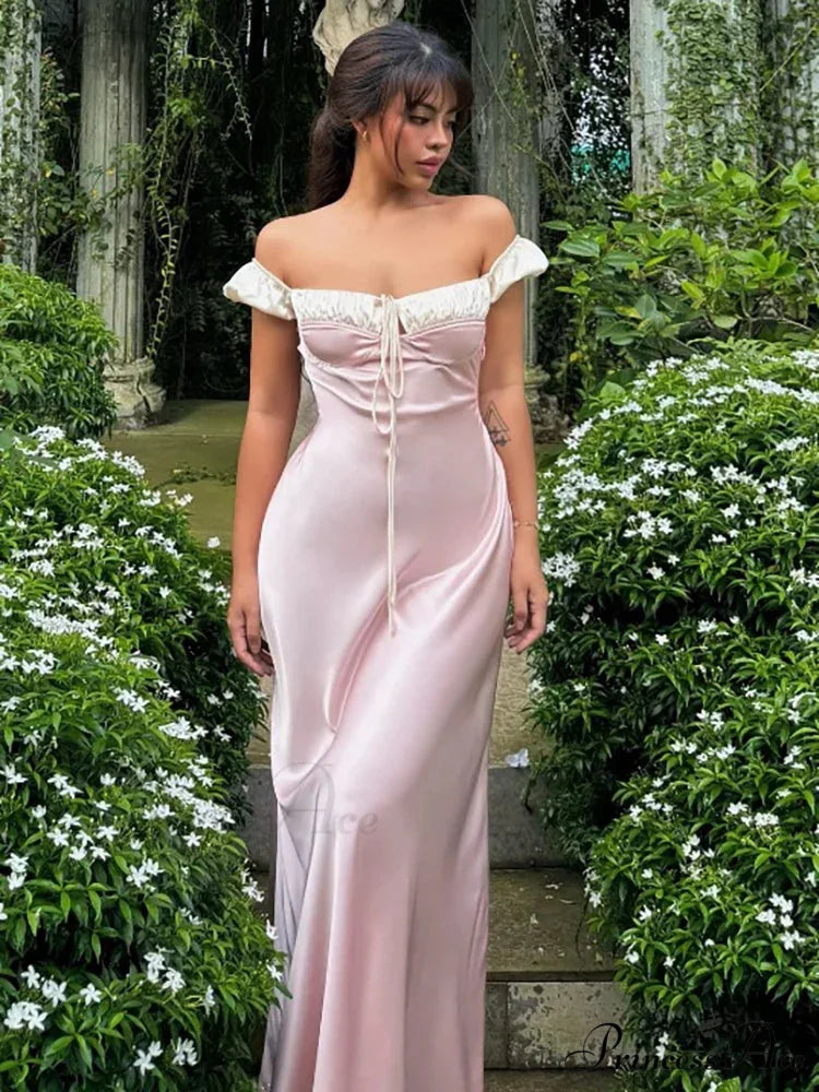 Pink Satin Ruched Charming Contrast Sleeve Dress Pink Maxi Dress / L