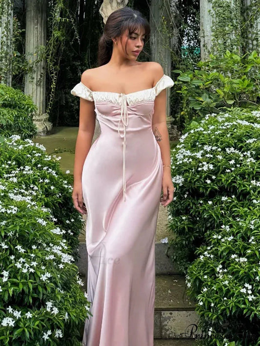 Pink Satin Ruched Charming Contrast Sleeve Dress Pink Maxi Dress / L