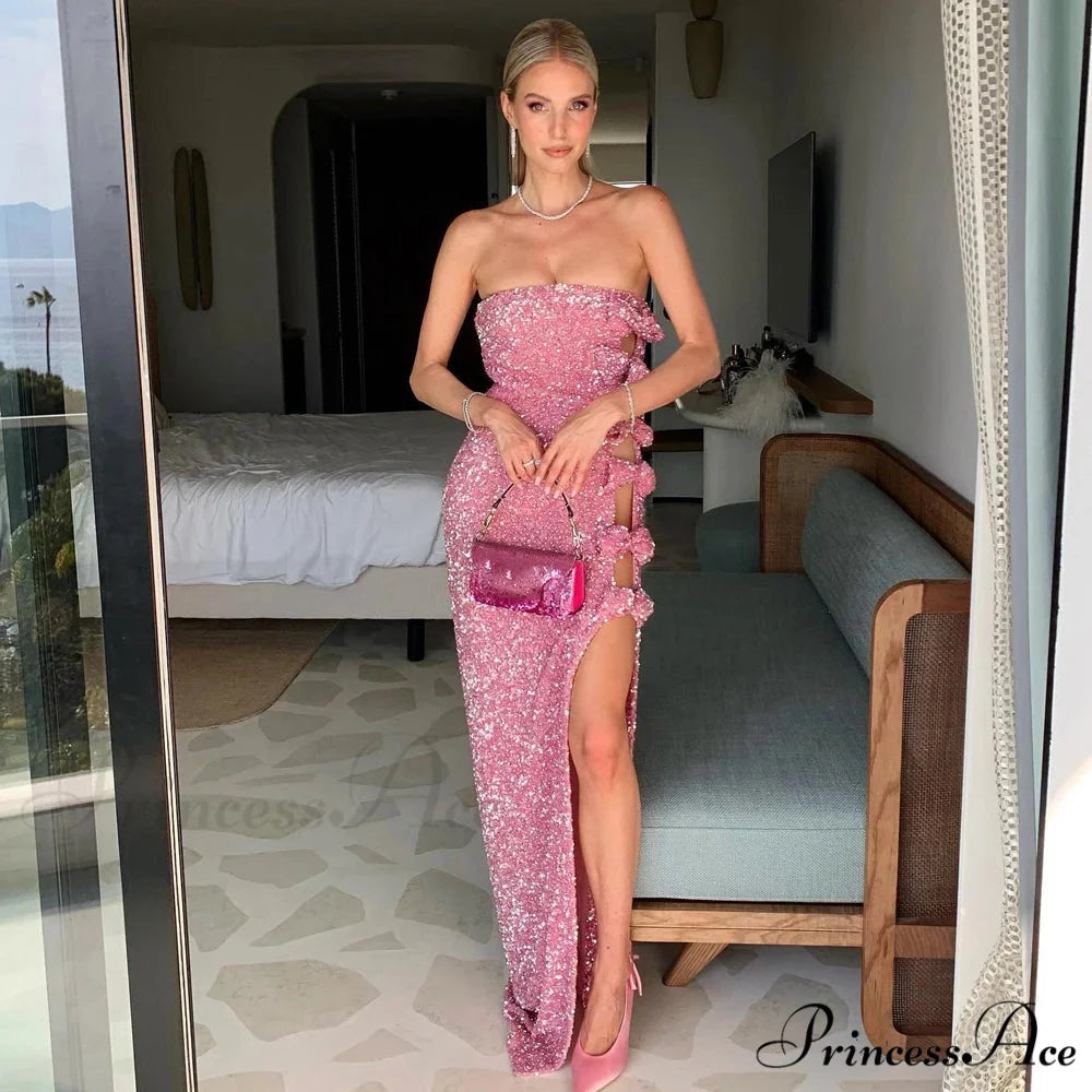 Pink Sequin Off-Shoulder Party Dress