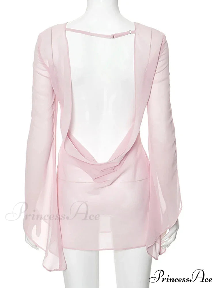 Pink Sheer Backless Charming Long Sleeve Mini Dress