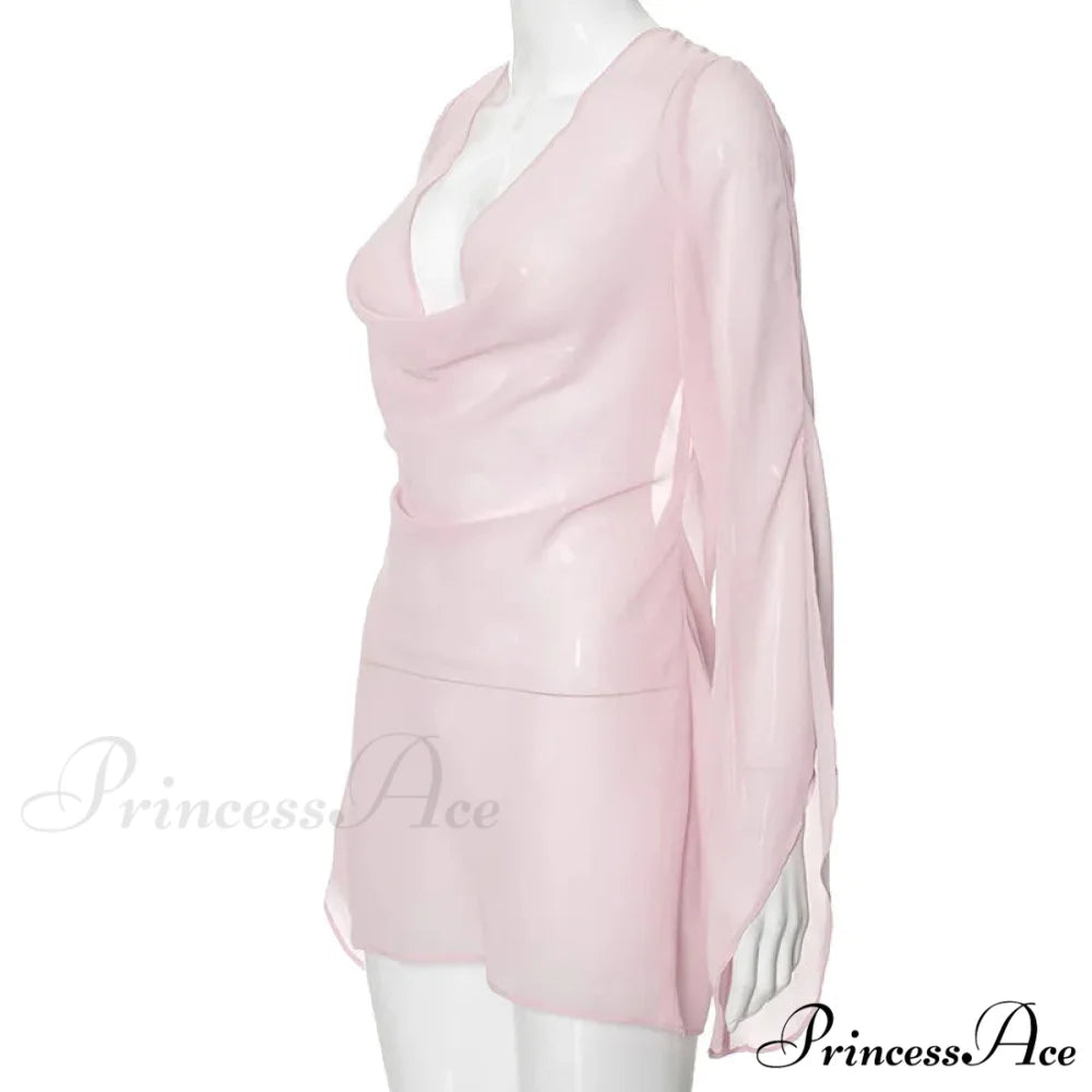 Pink Sheer Backless Charming Long Sleeve Mini Dress