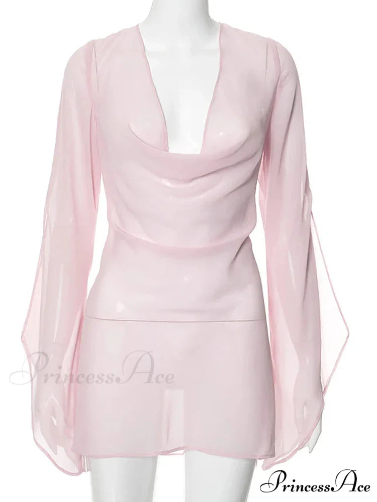 Pink Sheer Backless Charming Long Sleeve Mini Dress