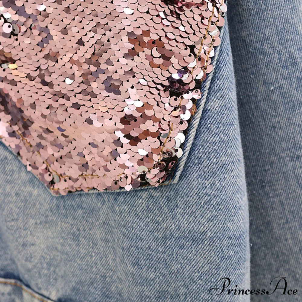 Pink Shiny Sequin Denim Jacket
