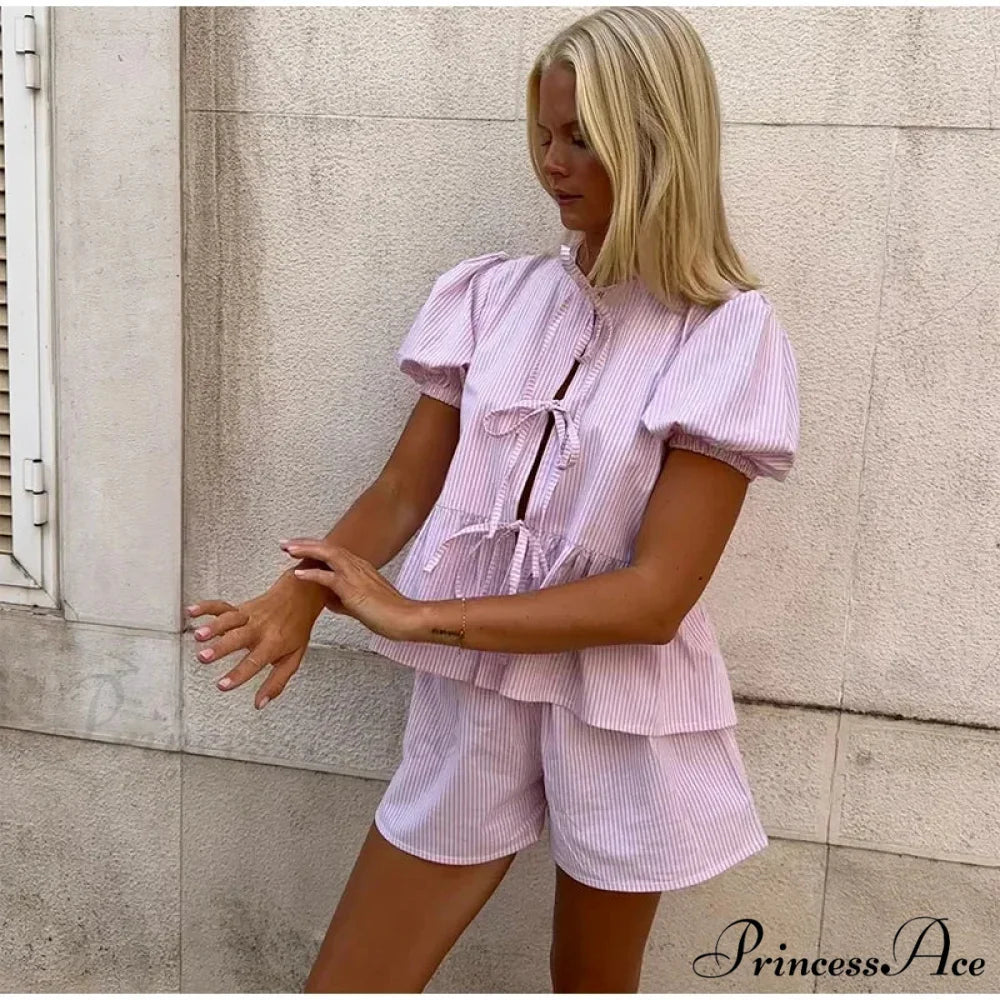 Pink Stripe Puff Sleeve Graceful Bow Top And Shorts Set