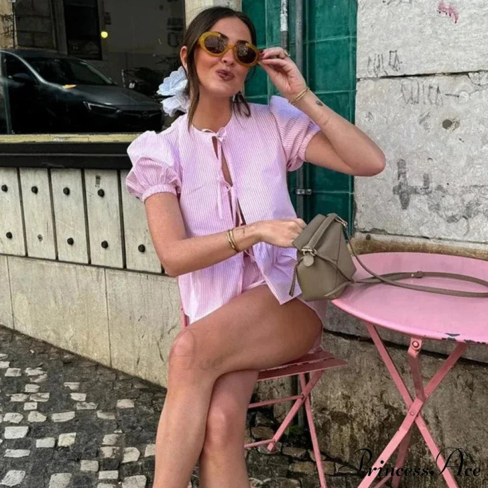 Pink Stripe Puff Sleeve Graceful Bow Top And Shorts Set