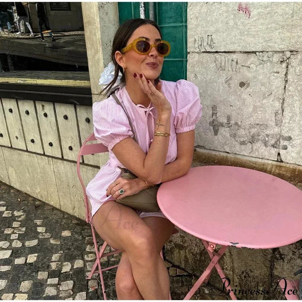 Pink Stripe Puff Sleeve Graceful Bow Top And Shorts Set