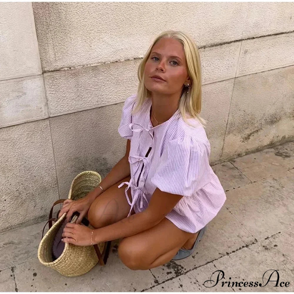 Pink Stripe Puff Sleeve Graceful Bow Top And Shorts Set