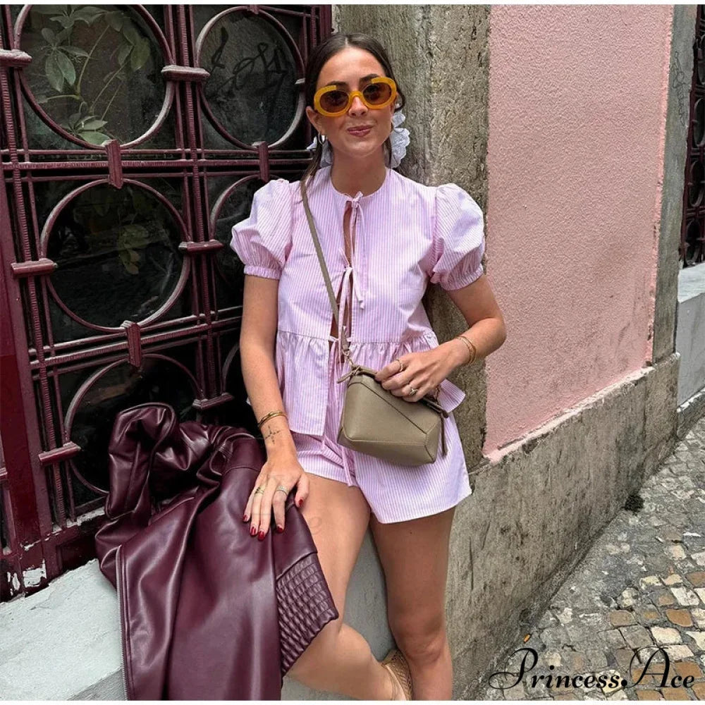 Pink Stripe Puff Sleeve Graceful Bow Top And Shorts Set