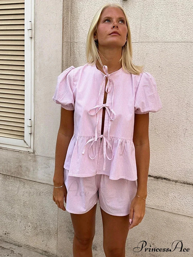 Pink Stripe Puff Sleeve Graceful Bow Top And Shorts Set Pink / S