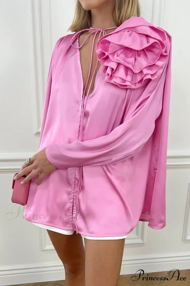 Pink V Neck Floral Lace-Up Blouse with Ruched Detail Pink / M