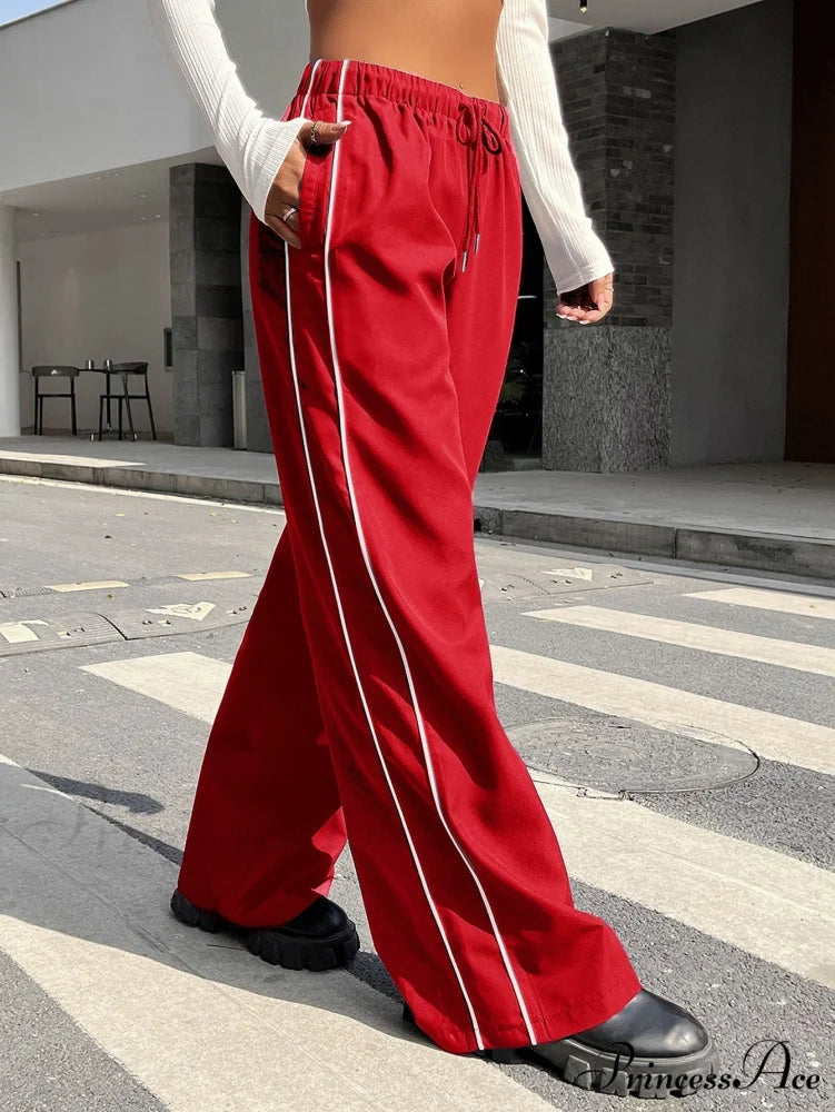 Piping Drawstring Waist Wide Leg Pants