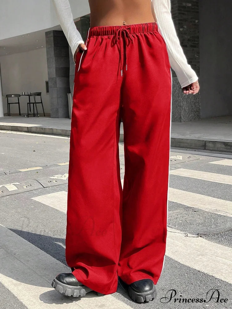 Piping Drawstring Waist Wide Leg Pants
