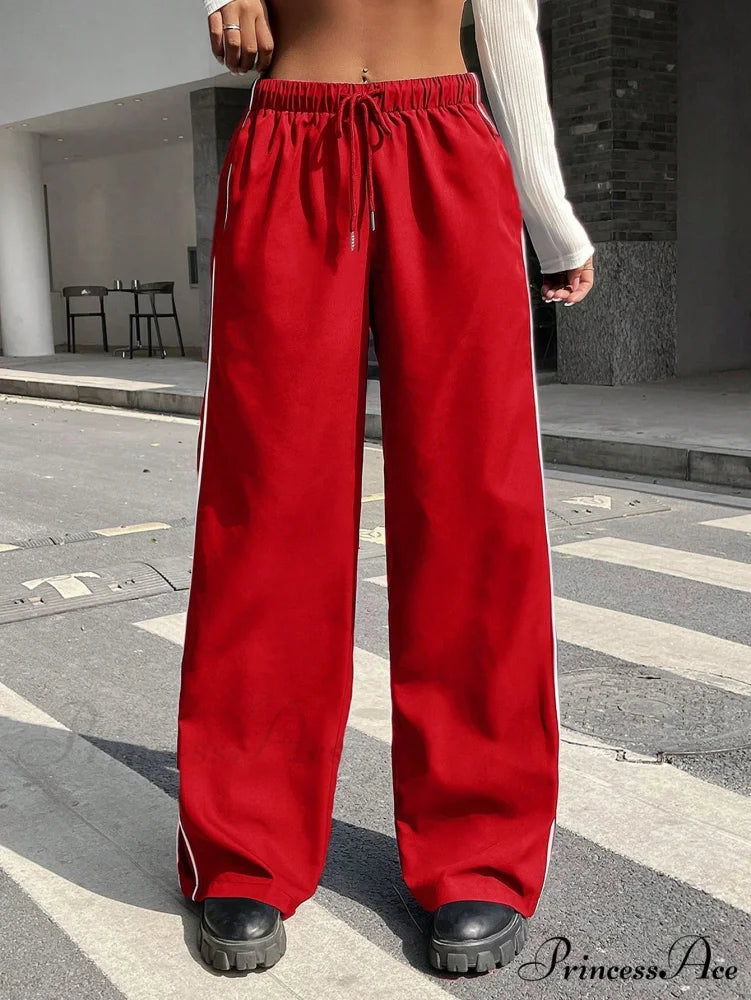 Piping Drawstring Waist Wide Leg Pants