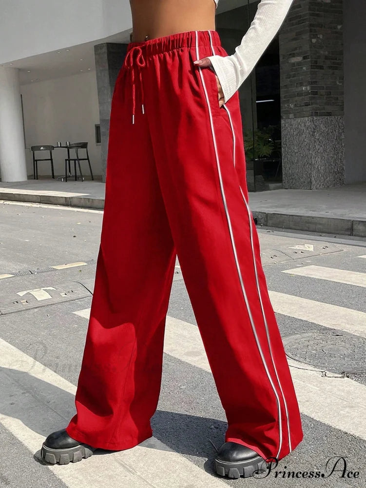 Piping Drawstring Waist Wide Leg Pants