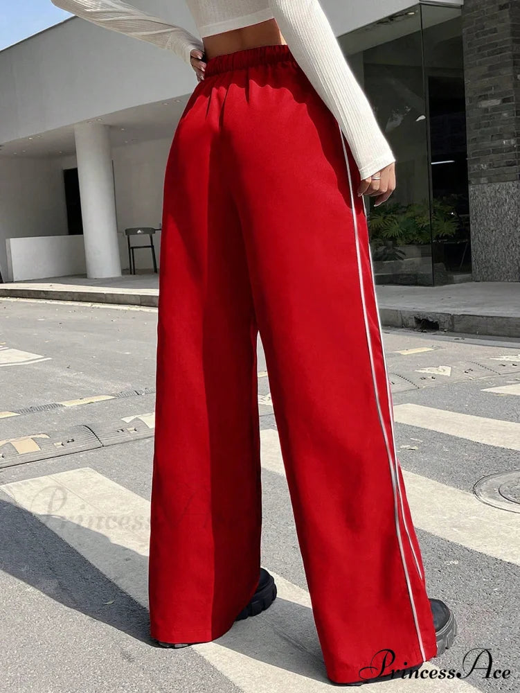 Piping Drawstring Waist Wide Leg Pants