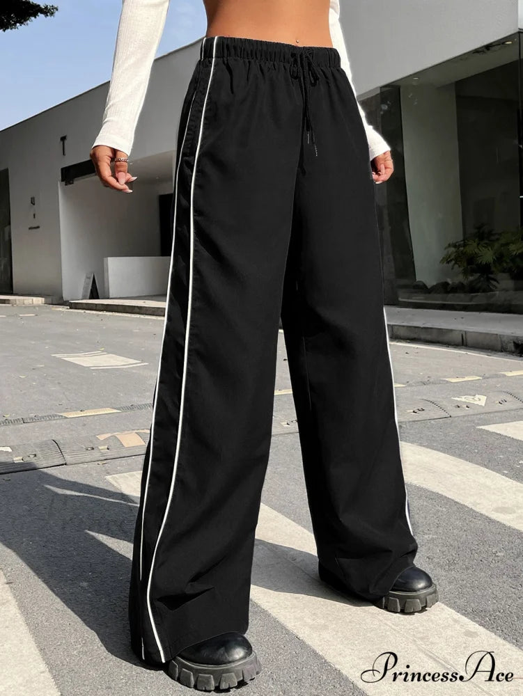 Piping Drawstring Waist Wide Leg Pants Black / XS