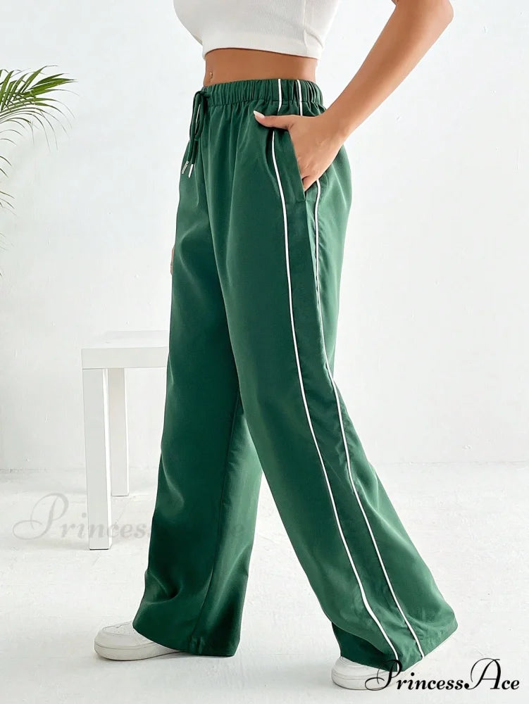 Piping Drawstring Waist Wide Leg Pants Green / XS