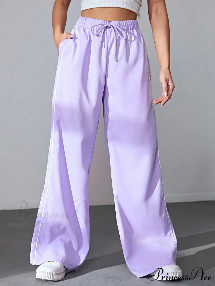 Piping Drawstring Waist Wide Leg Pants Lilac Purple / XS