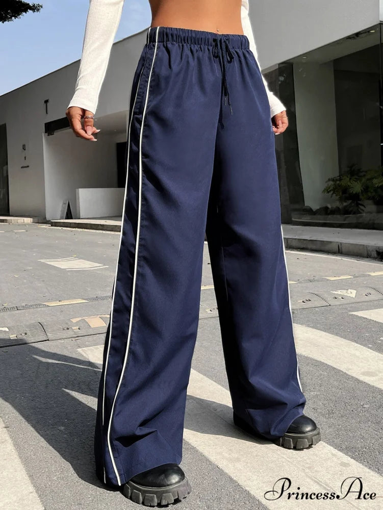 Piping Drawstring Waist Wide Leg Pants Navy Blue / XS