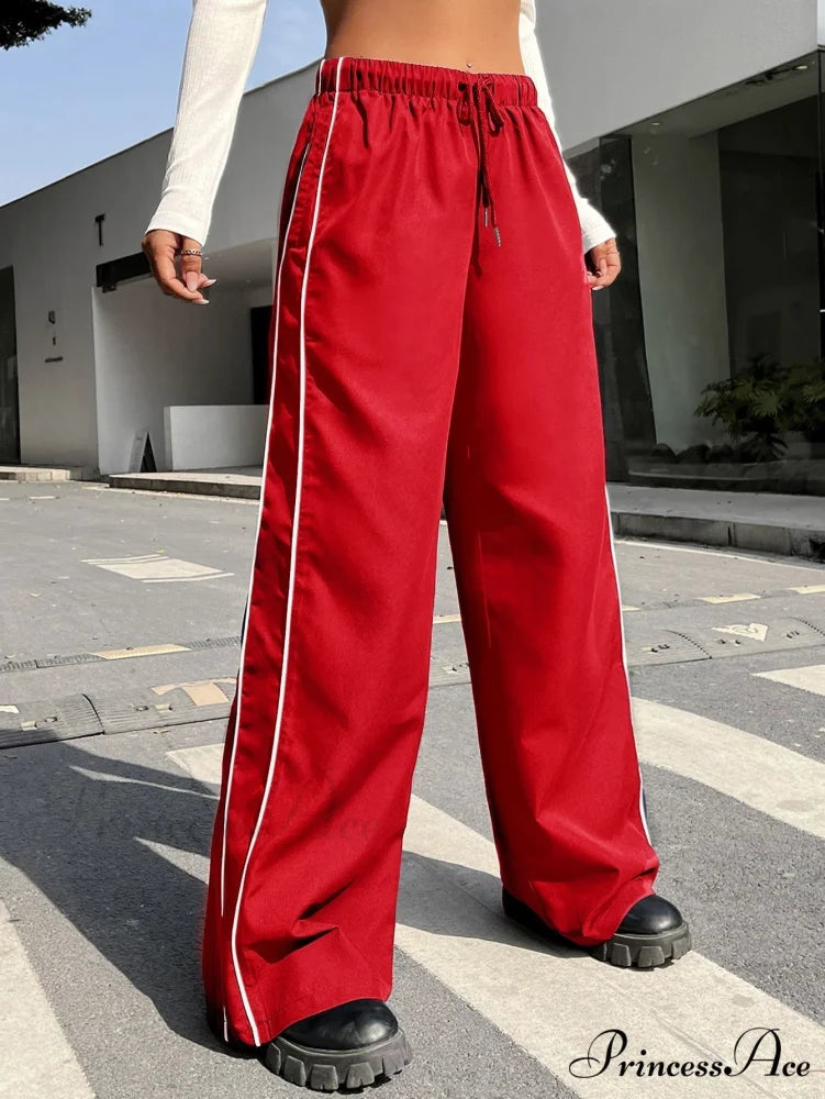 Piping Drawstring Waist Wide Leg Pants Red / XS
