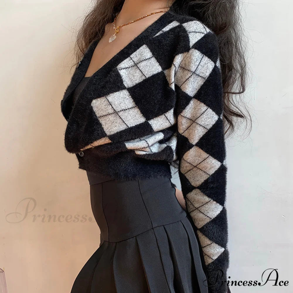 Plaid Black White Knitted Cardigan Black / One Size