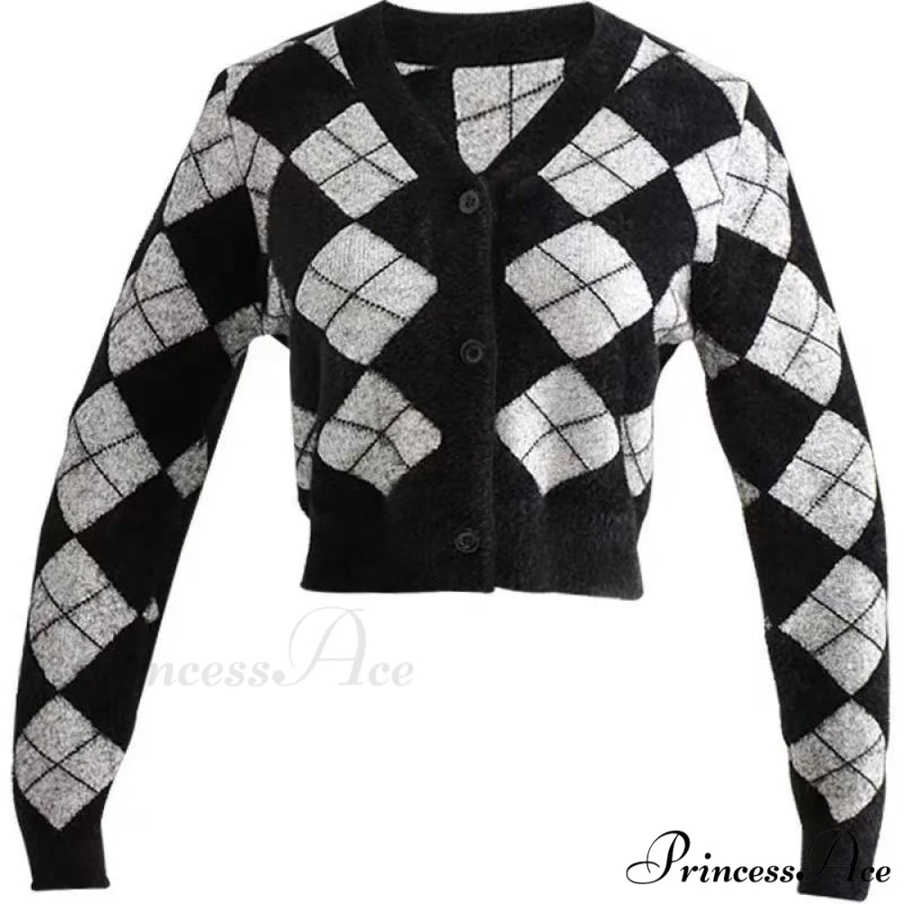 Plaid Black White Knitted Cardigan Black / One Size