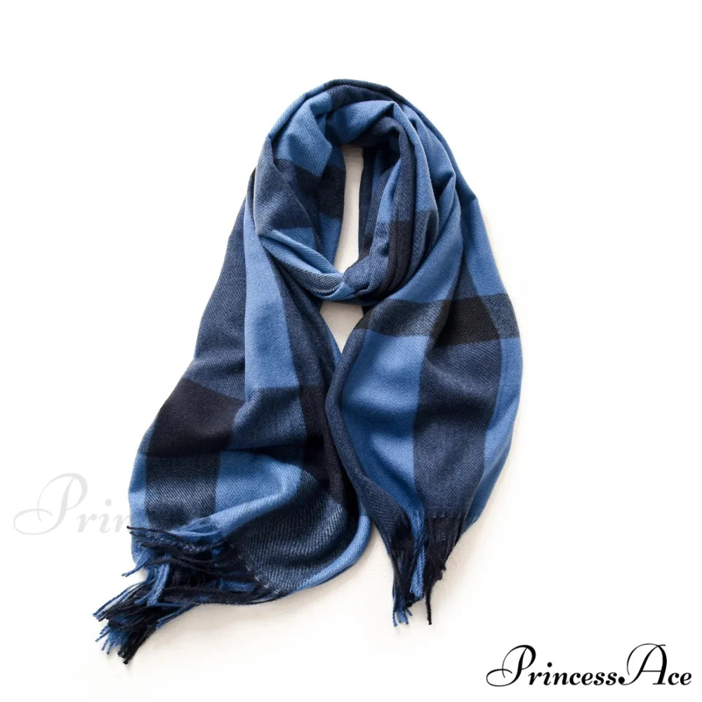 Plaid Blanket Thick Winter Warm Shawl Set Scarf BLUE