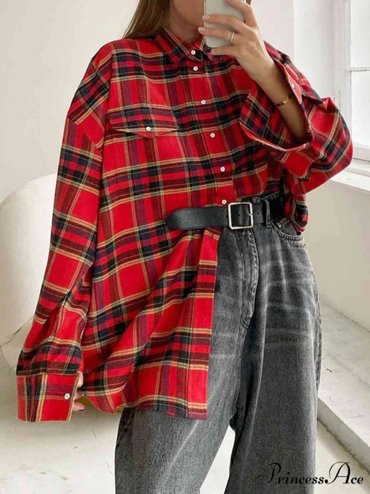 Plaid Blouse Drop with Shoulder Deep Red / S