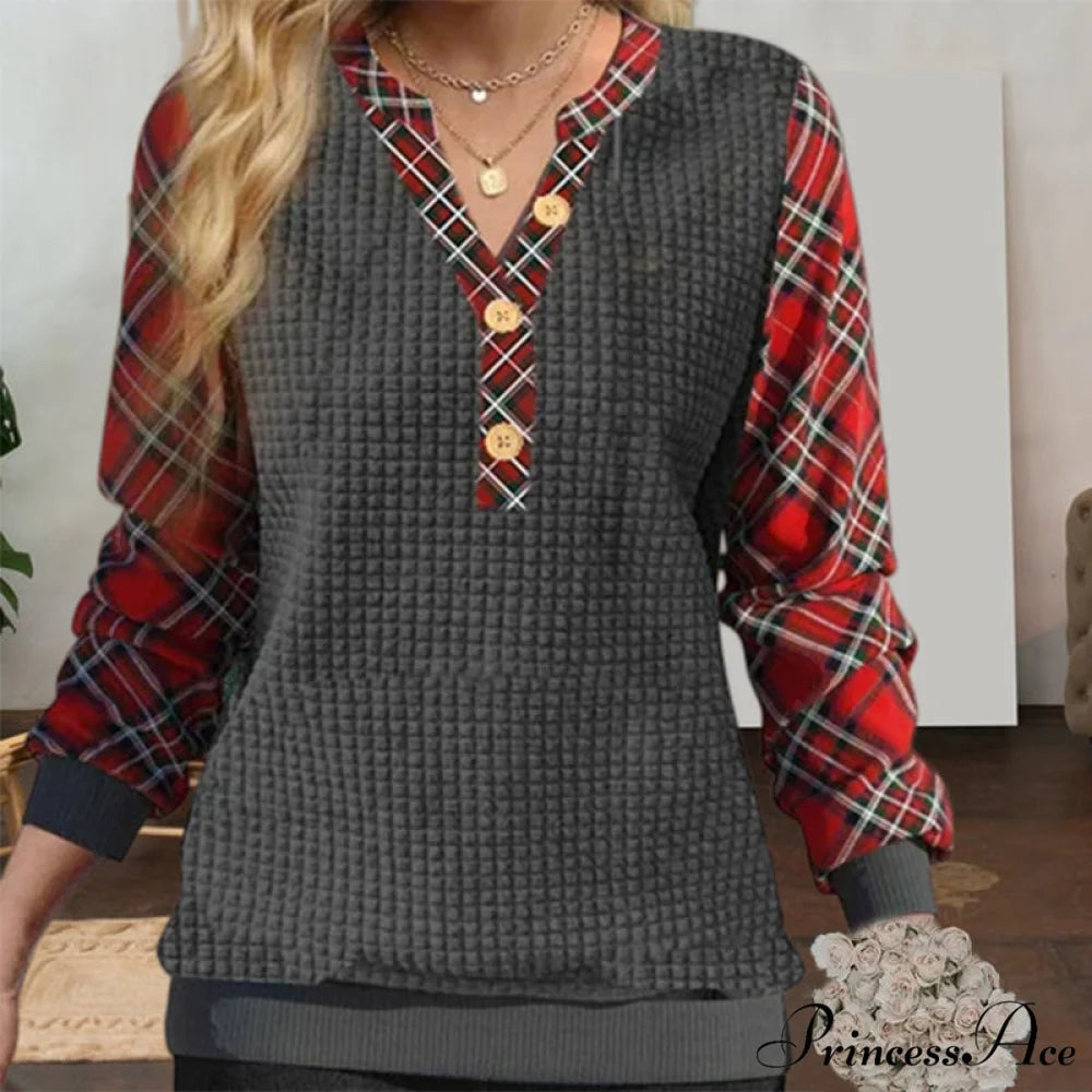 Plaid Casual with Sweatshirt Patchwork Dark Gray / S