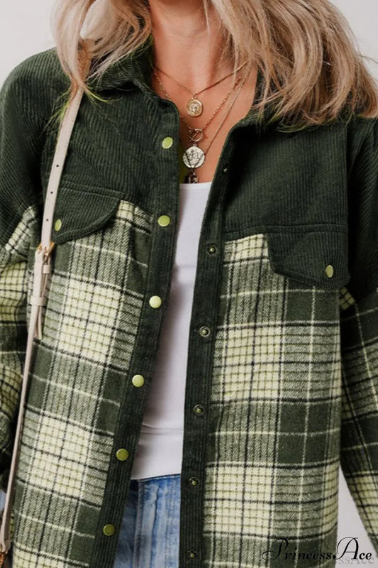 Plaid Color-Block Corduroy Long-Sleeve Jacket