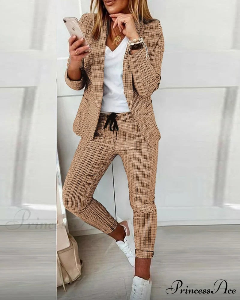 Plaid Comfortable Casual Women’s Suit khaki / S