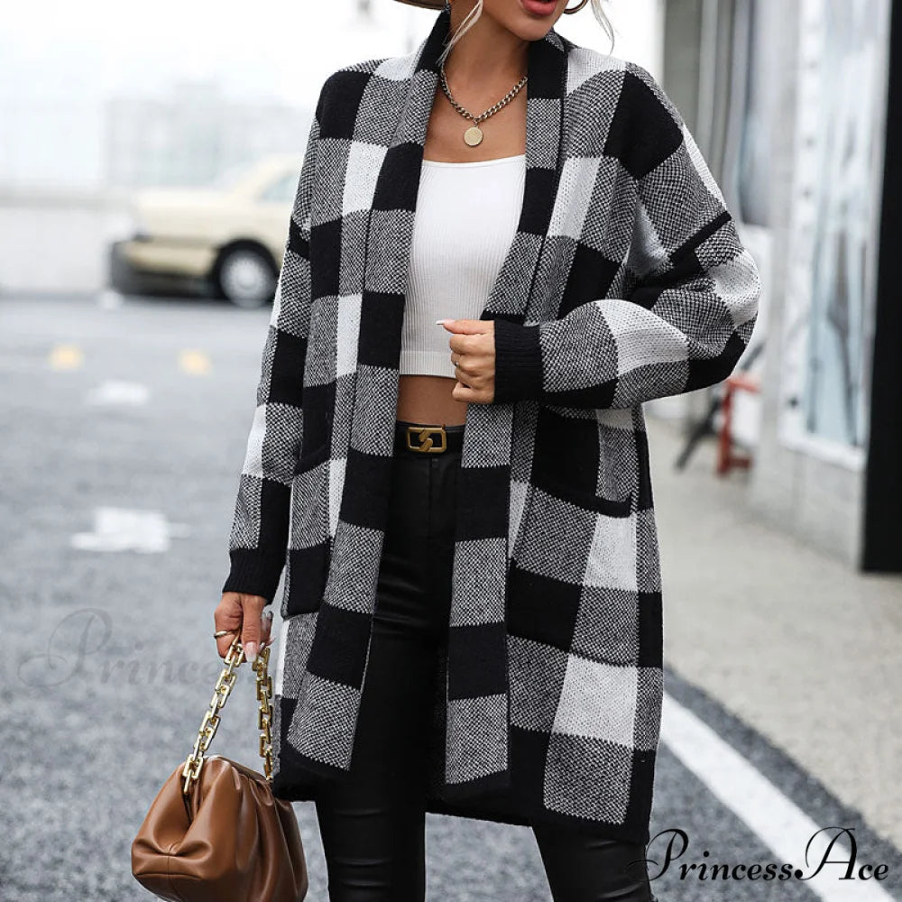 Plaid Knitted Cardigan
