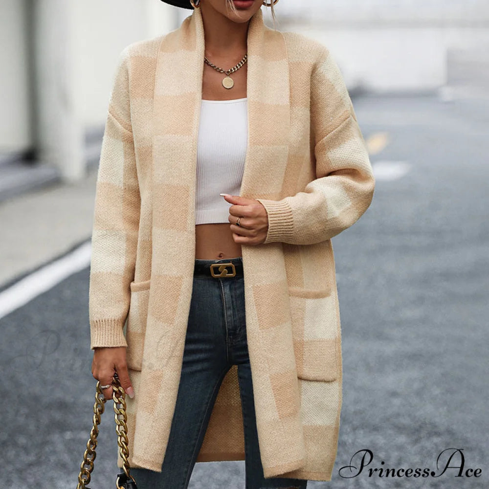 Plaid Knitted Cardigan Apricot / S
