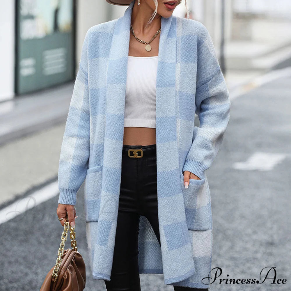 Plaid Knitted Cardigan Blue / S