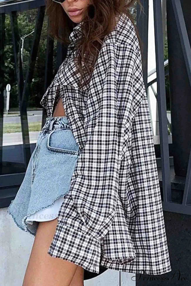 Plaid Lantern Sleeve Long Blouse with Drop Shoulder Plaid / L