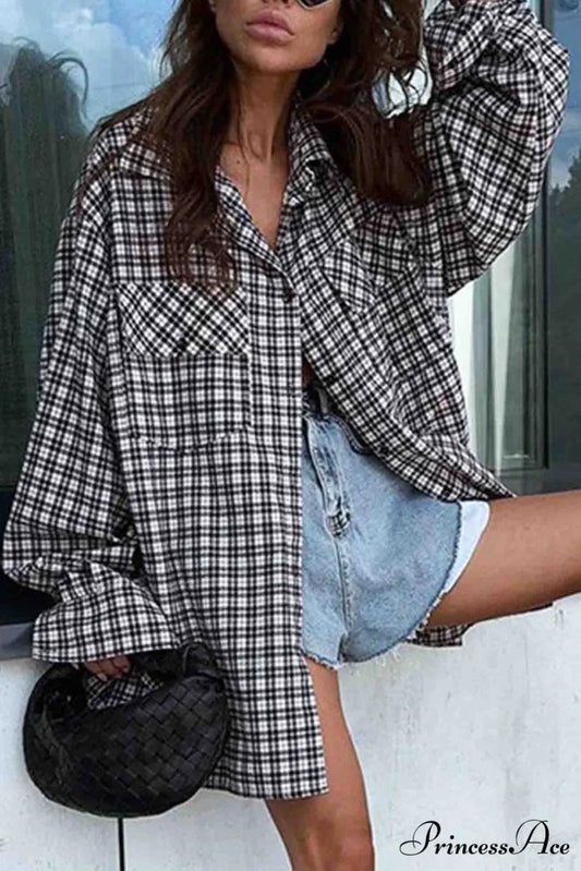 Plaid Lantern Sleeve Long Blouse with Drop Shoulder Plaid / M