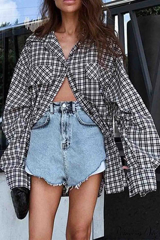 Plaid Lantern Sleeve Long Blouse with Drop Shoulder Plaid / S