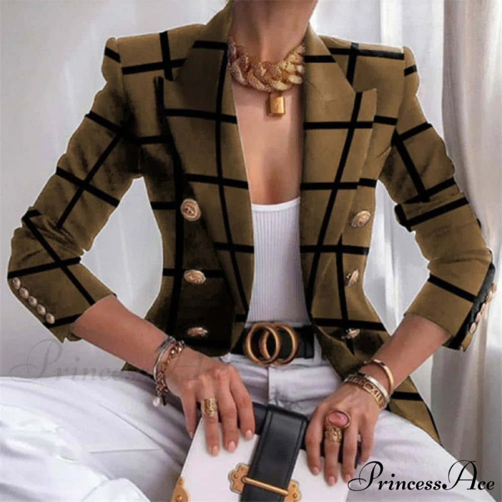 Plaid Leopard Chain Print Stitched Blazer brown / S