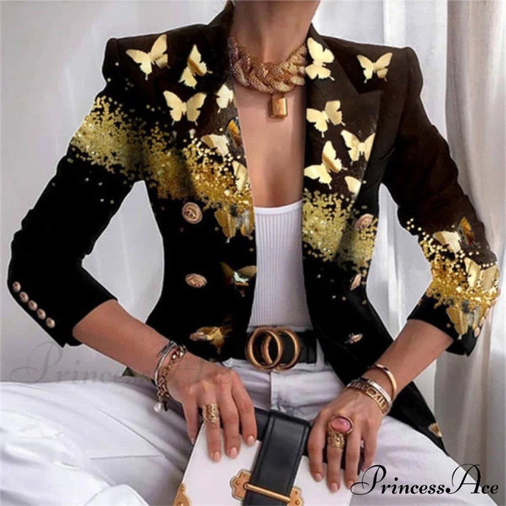 Plaid Leopard Chain Print Stitched Blazer Golden butterfly / S